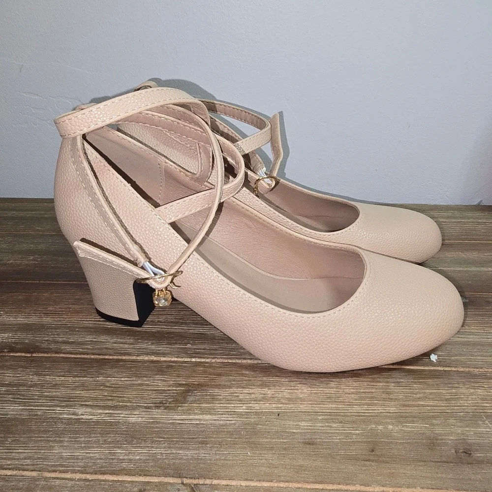 New Nude Pebbled Faux Leather Ankle Strap Block Heel Pumps‎ Rhinestone Charm 39
